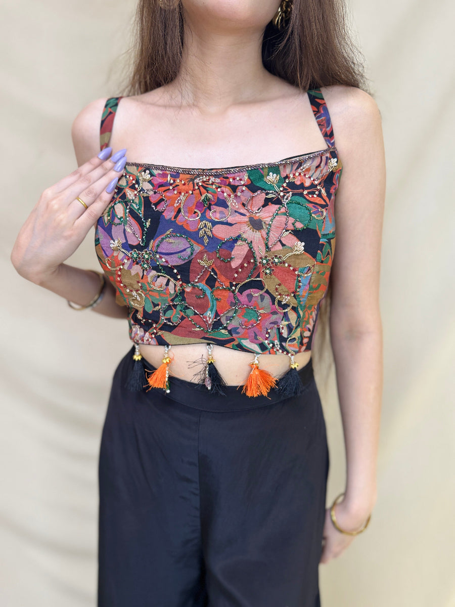 Multi-Colored Leafy Printed Indo-Western Dress with Black Palazzo and Detailing on Shrug and Bustier