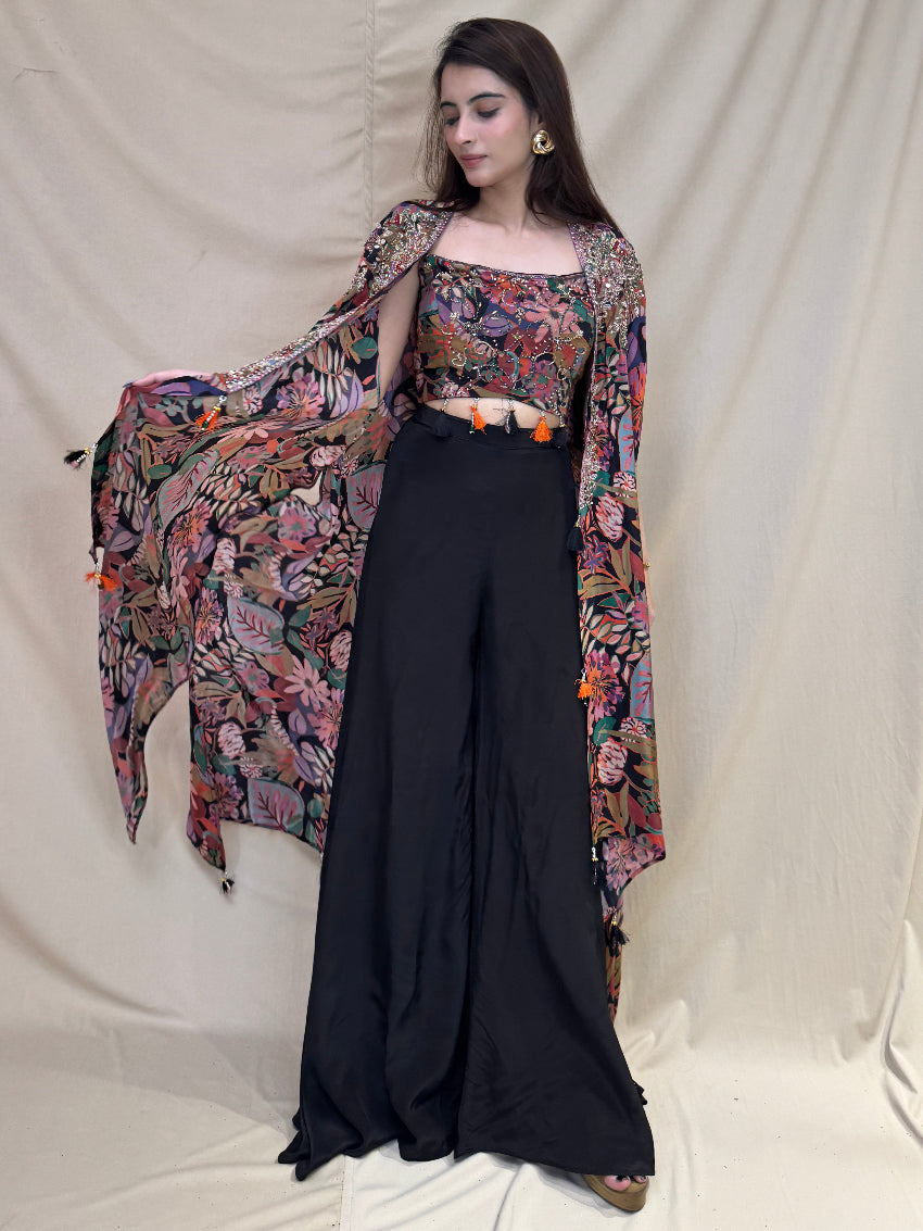 Multi-Colored Leafy Printed Indo-Western Dress with Black Palazzo and Detailing on Shrug and Bustier