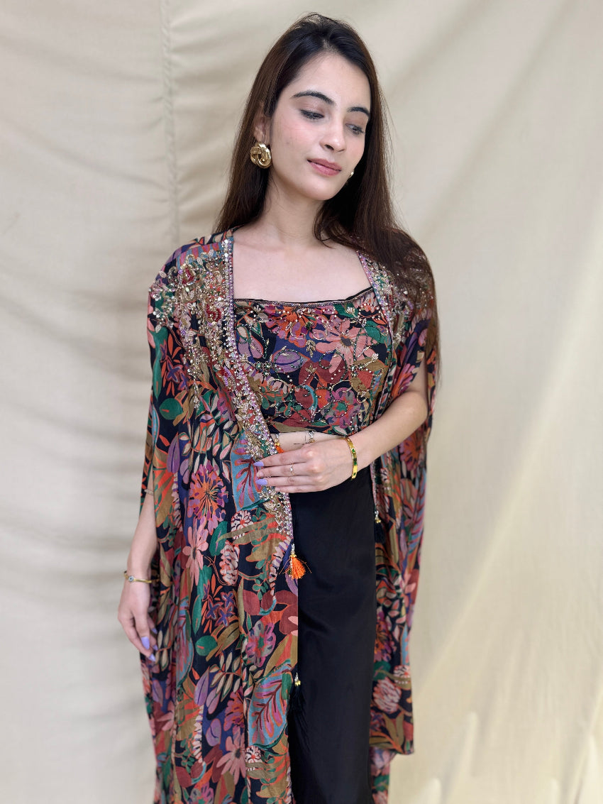Multi-Colored Leafy Printed Indo-Western Dress with Black Palazzo and Detailing on Shrug and Bustier