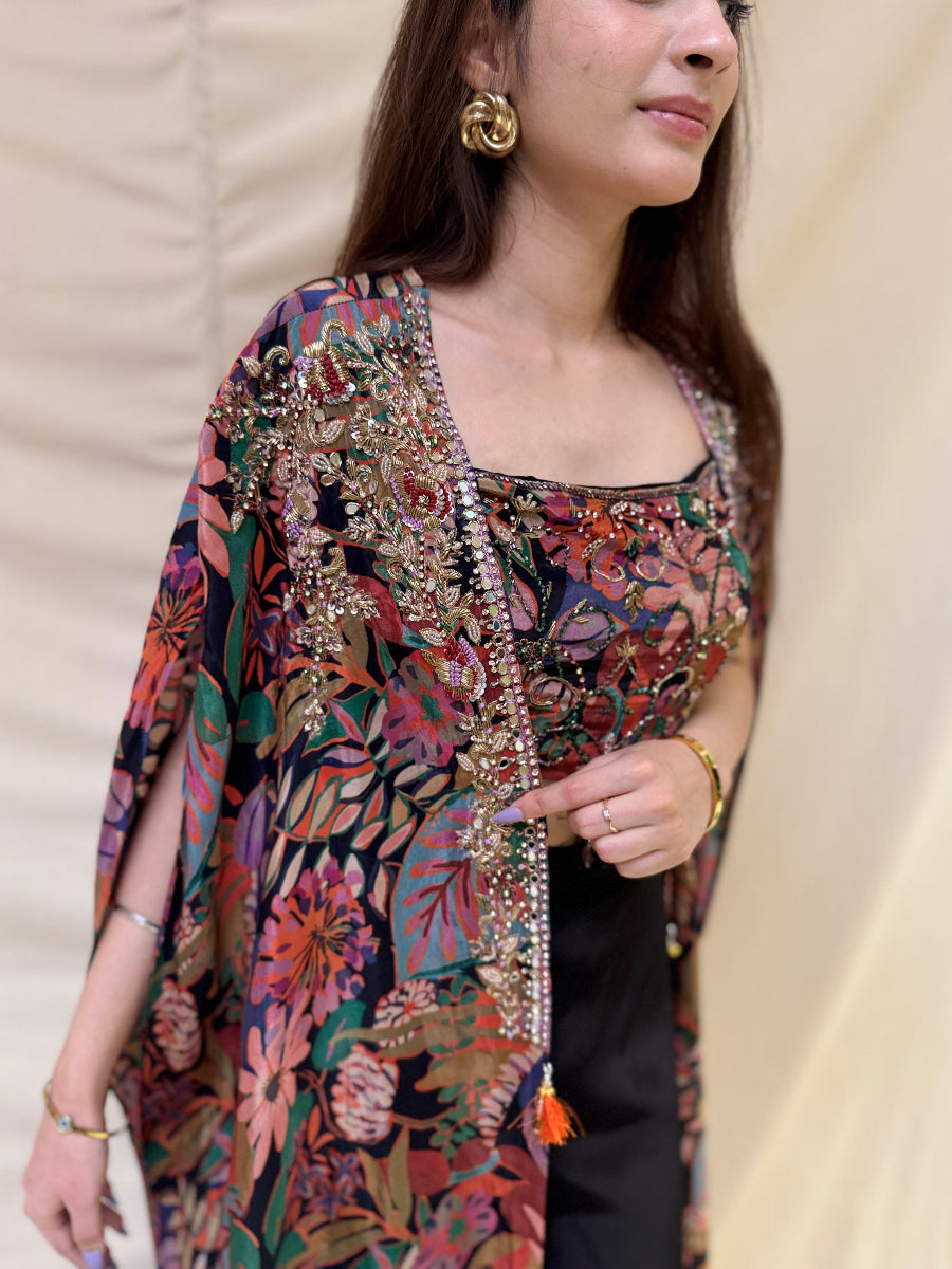 Multi-Colored Leafy Printed Indo-Western Dress with Black Palazzo and Detailing on Shrug and Bustier