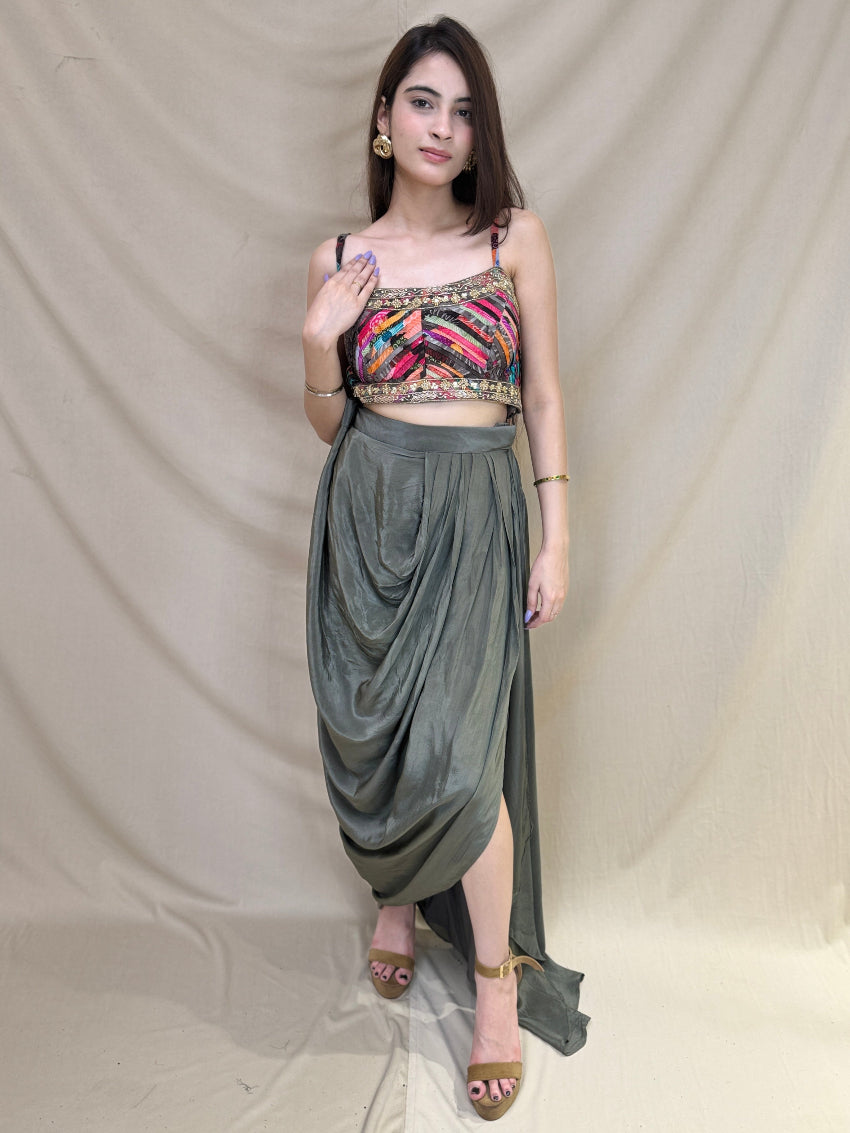 Multi- Colored Indo-Western Dress with Slit Open Grey Dhoti and Golden Detailing on Shrug