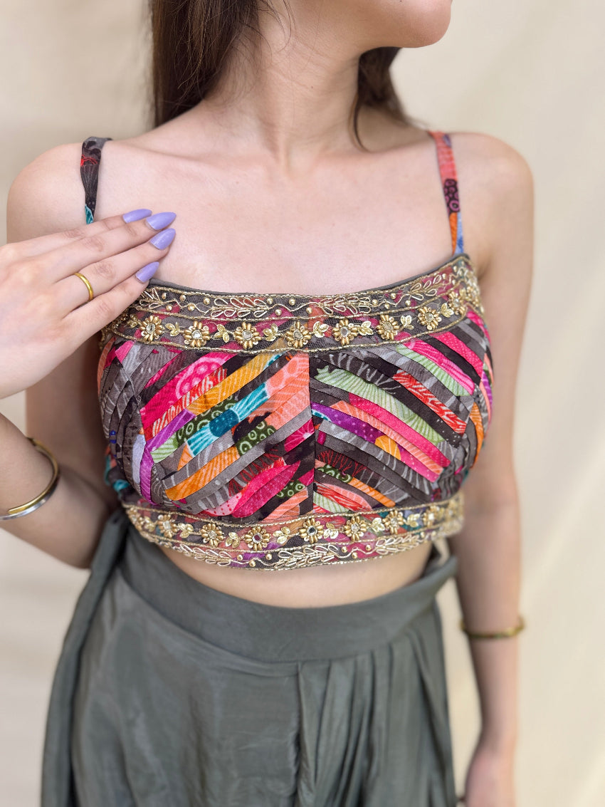 Multi- Colored Indo-Western Dress with Slit Open Grey Dhoti and Golden Detailing on Shrug