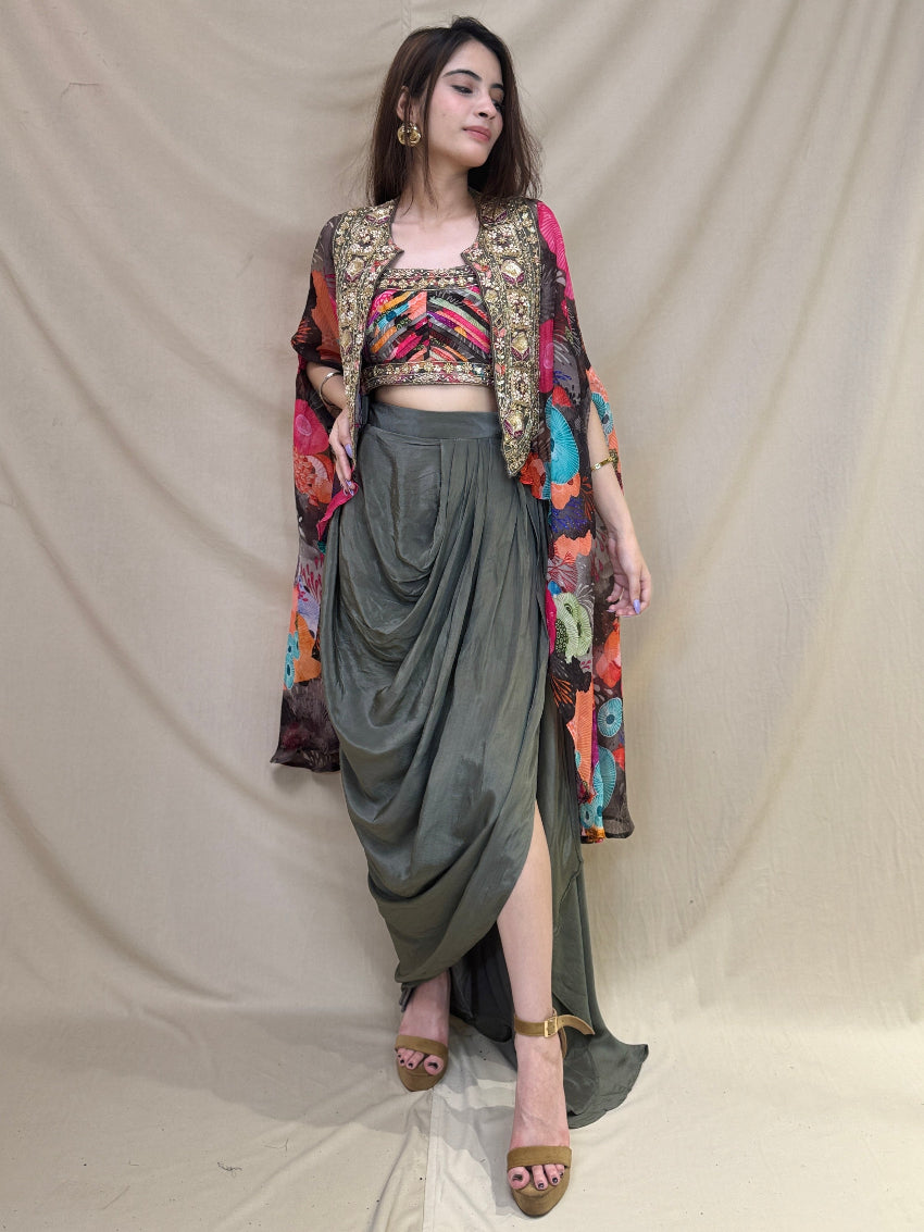 Multi- Colored Indo-Western Dress with Slit Open Grey Dhoti and Golden Detailing on Shrug