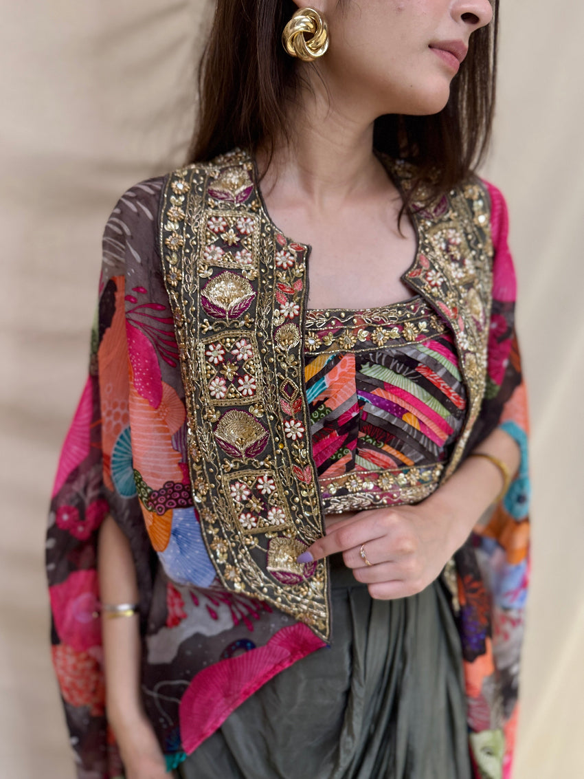 Multi- Colored Indo-Western Dress with Slit Open Grey Dhoti and Golden Detailing on Shrug