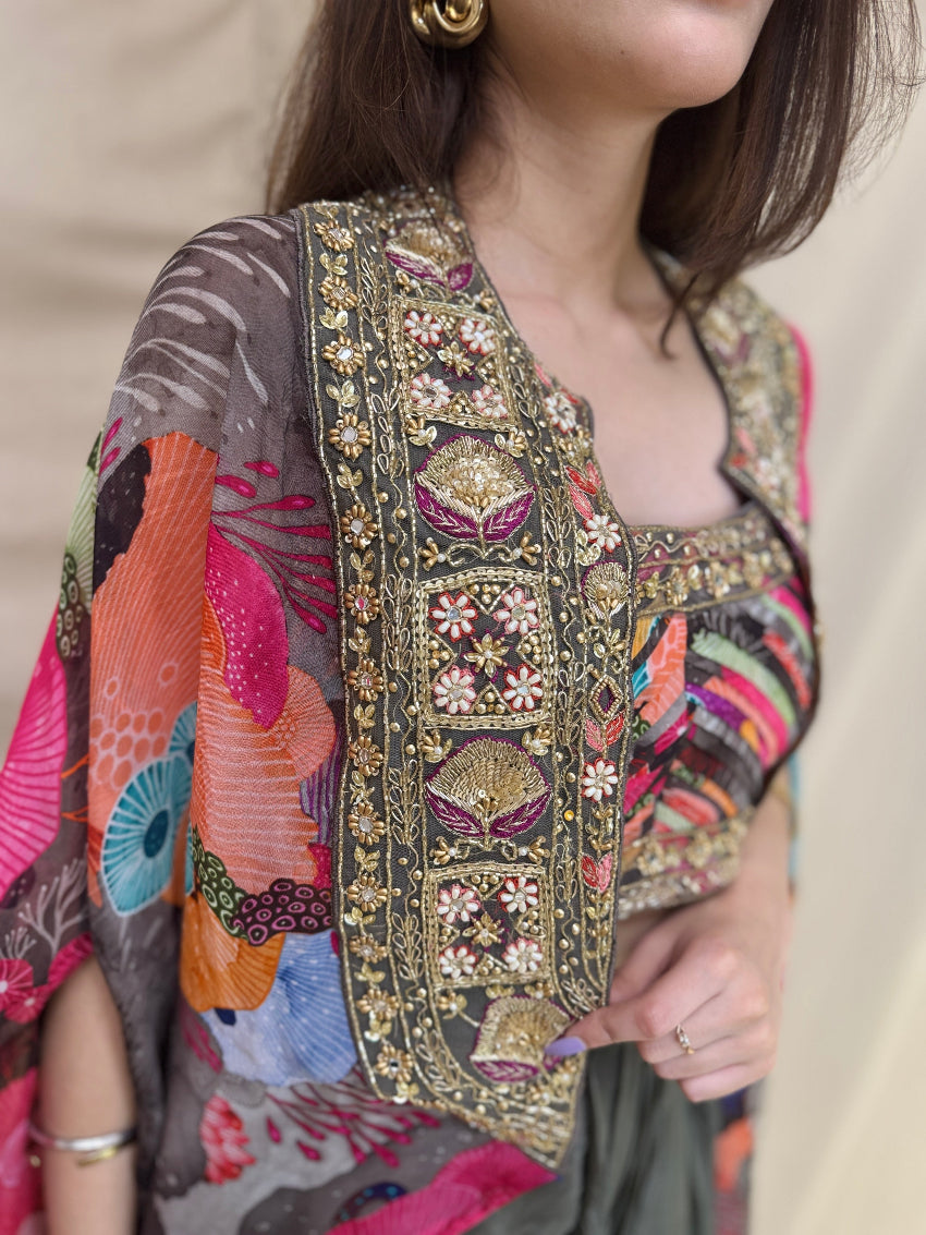 Multi- Colored Indo-Western Dress with Slit Open Grey Dhoti and Golden Detailing on Shrug