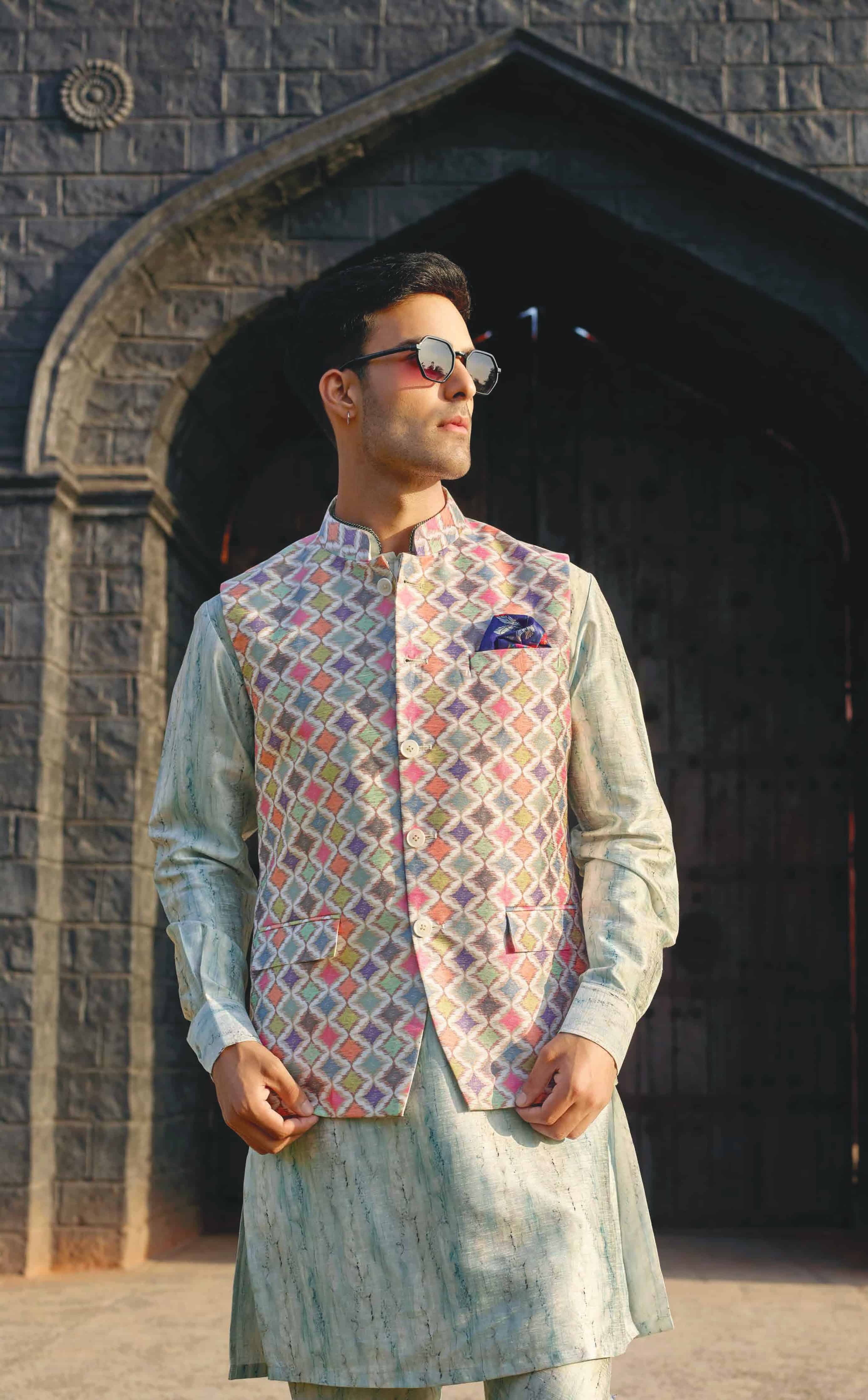 Multi Color Jacket with Ash Blue Kurta