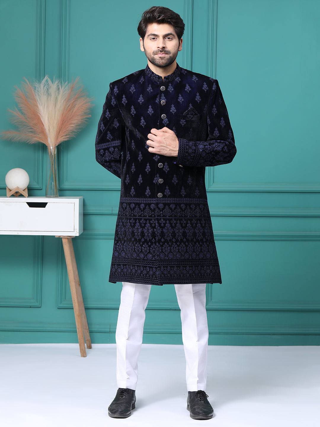 Navy Blue Resham Embellished Mens Indo Western with Pant DC Fashion Navy Blue Resham Embellished Mens Indo Western with Pant DC Fashion
