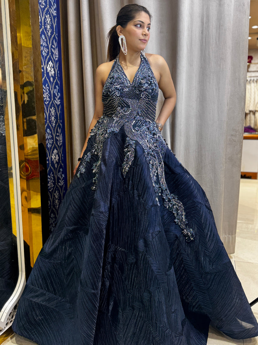 Navy blue halter neck heavy designer hand embroidered ball gown