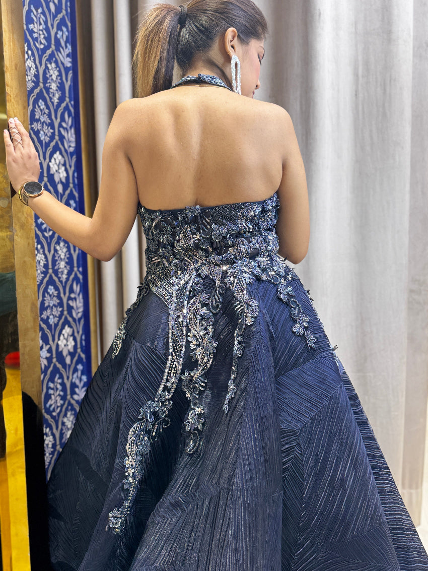 Navy blue halter neck heavy designer hand embroidered ball gown