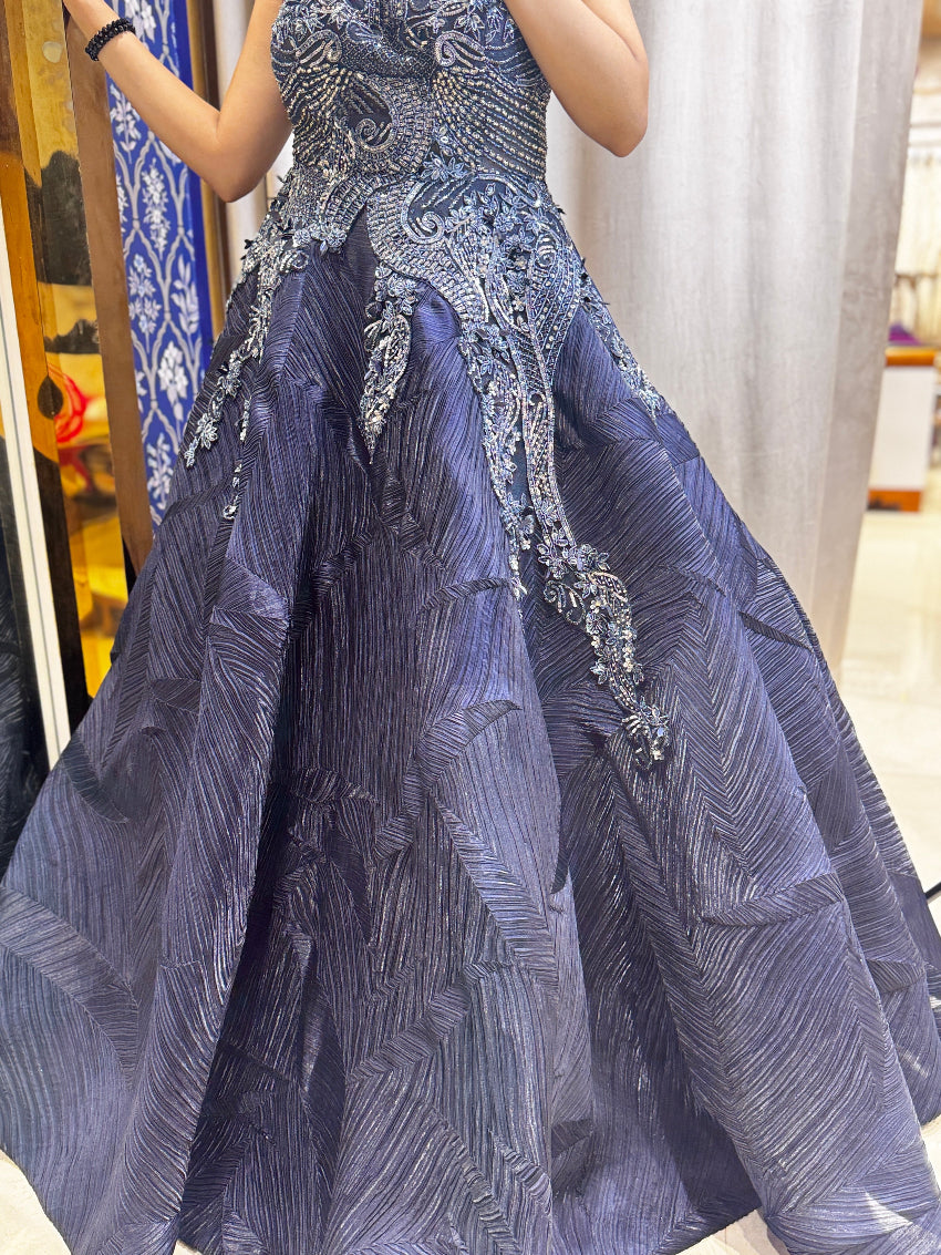 Navy blue halter neck heavy designer hand embroidered ball gown