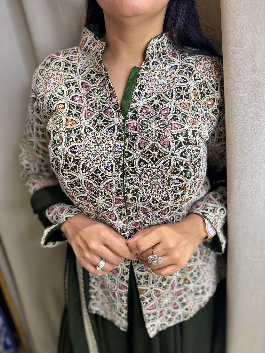 Olive green Indo Western with Multi colored thread embroidery shirt and flared palazzo