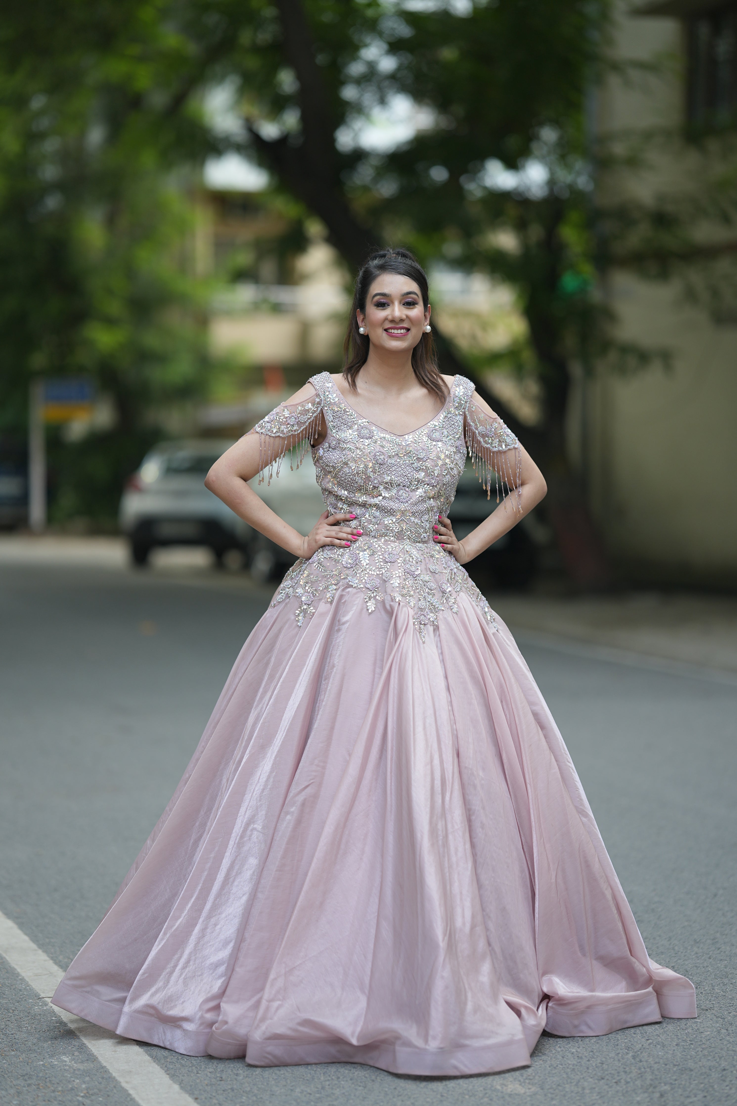 light pink engagement dress White Lace Appliqued Pink Romantic Engagement Dress