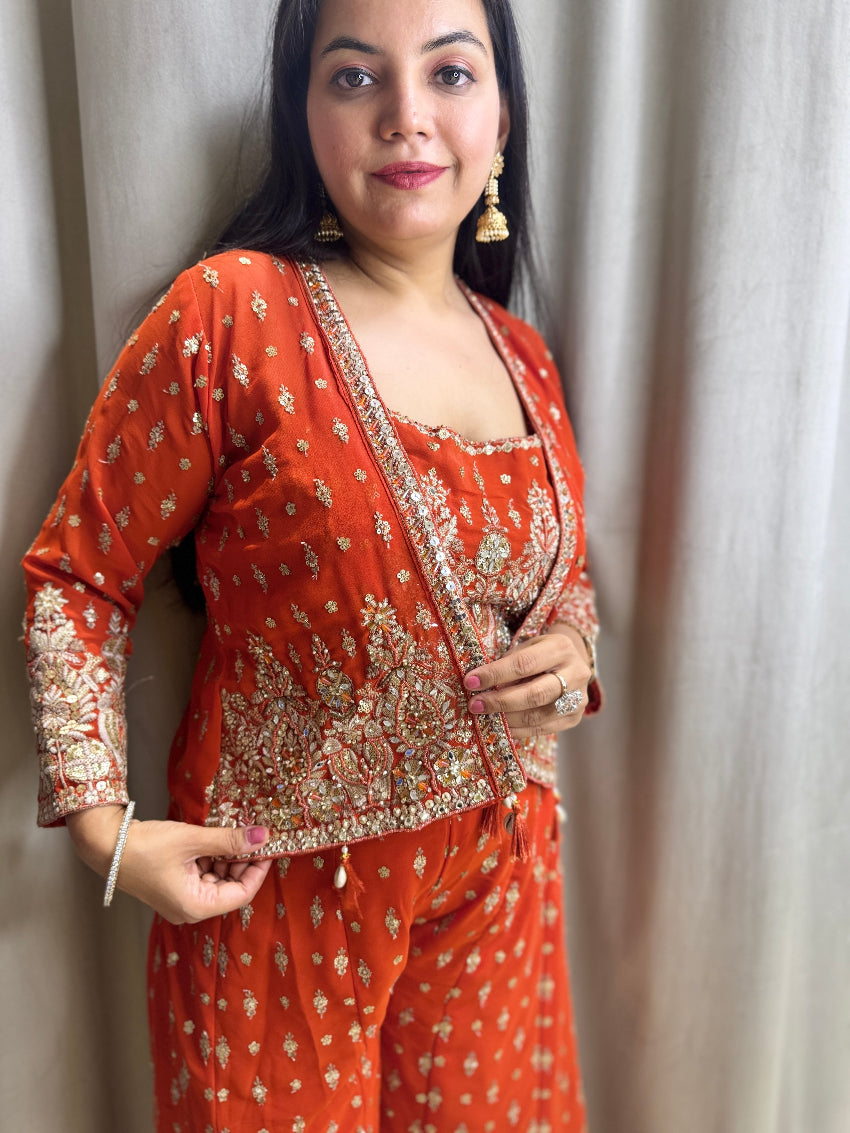 Orange Indo Western with jacket style and palazzo completely embelished with hand embroidery work