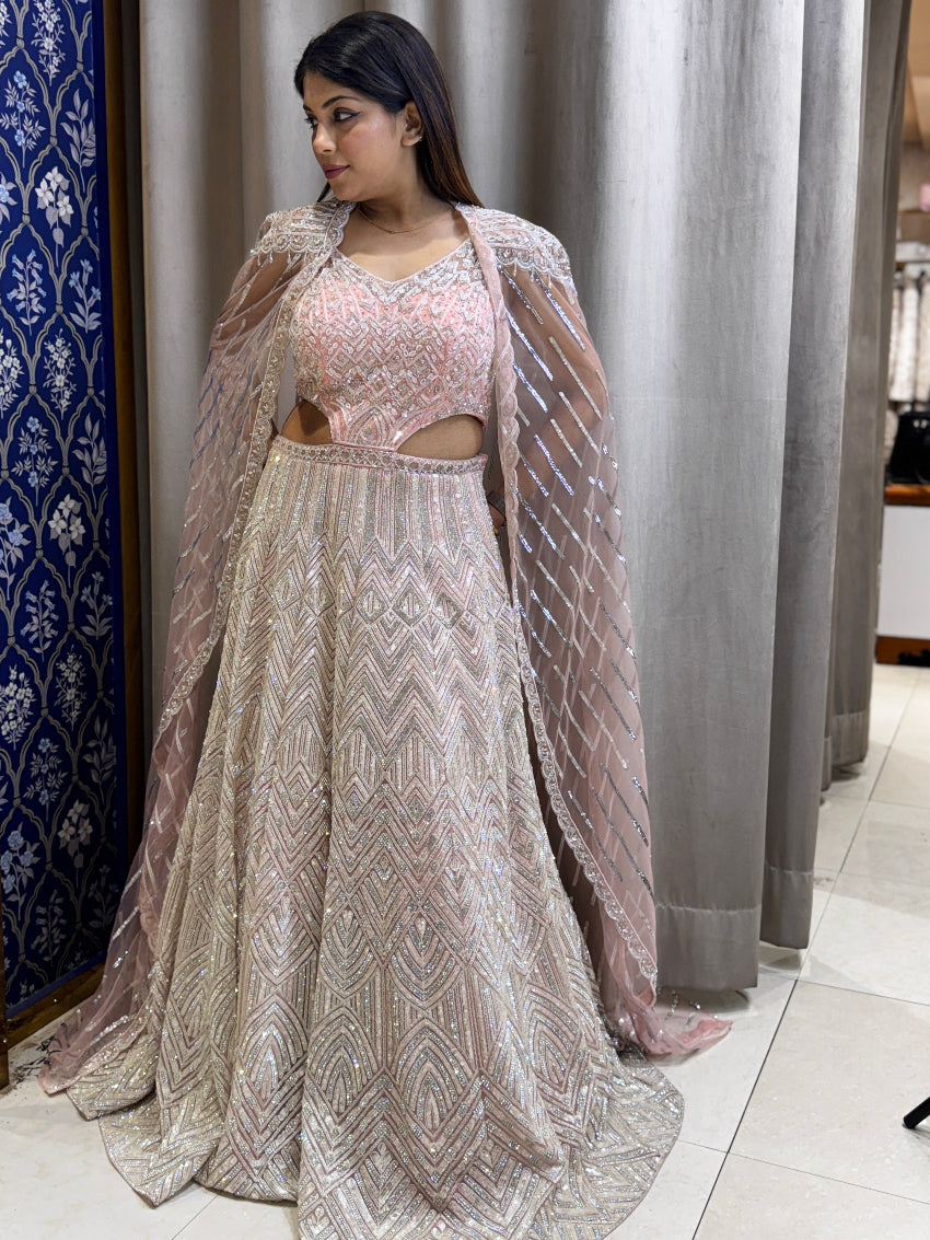 Peach color Designer heavy hand embroidered Engagement gown with cape