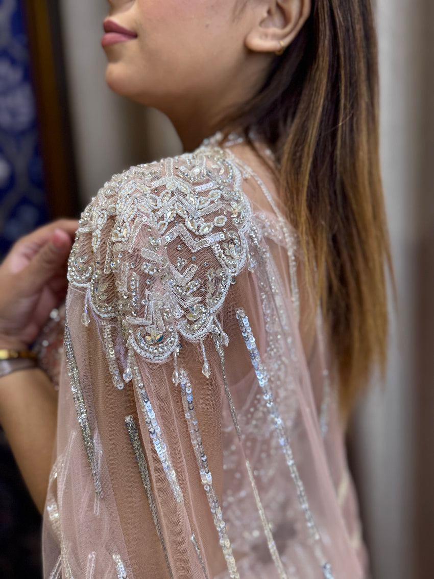Peach color Designer heavy hand embroidered Engagement gown with cape