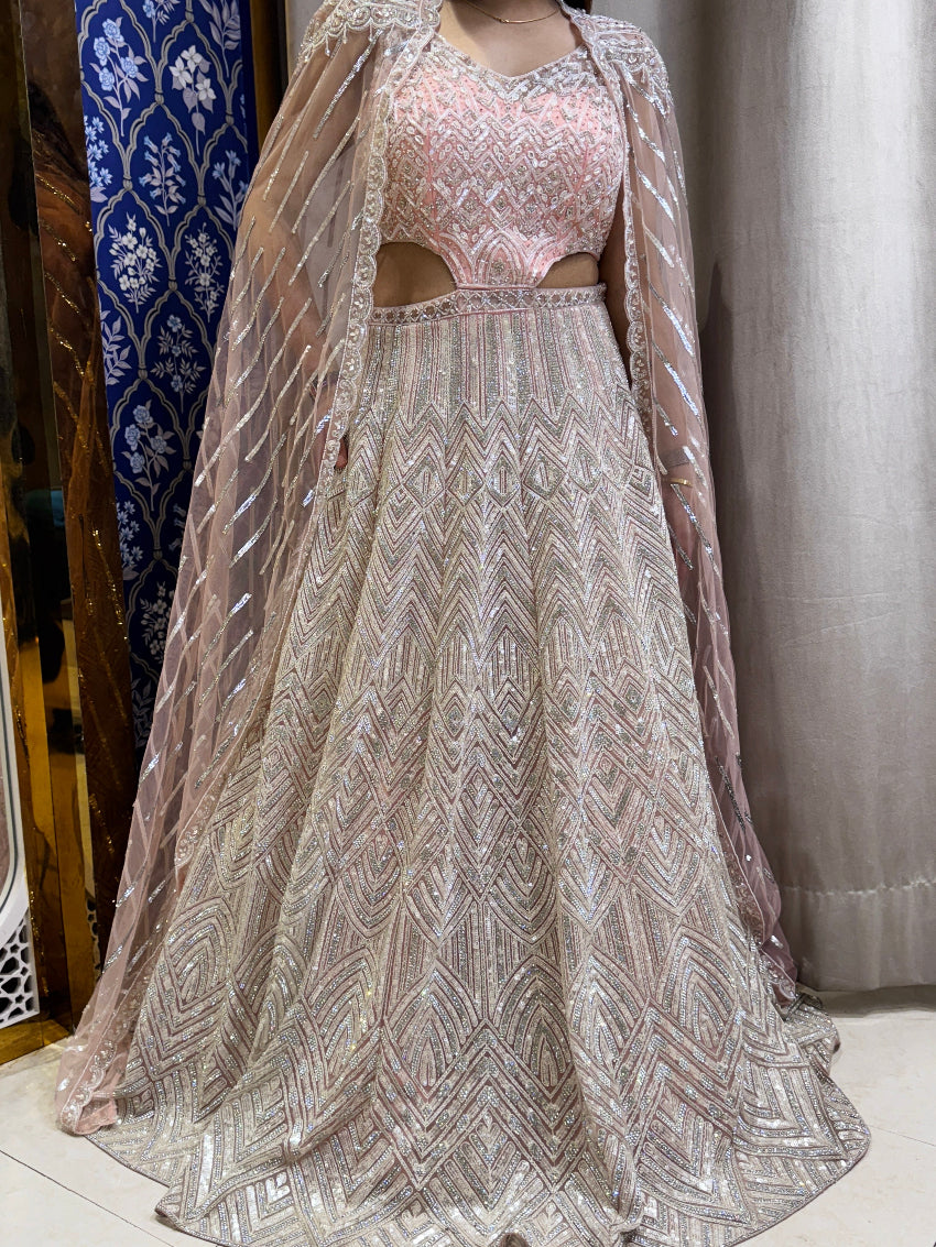 Peach color Designer heavy hand embroidered Engagement gown with cape