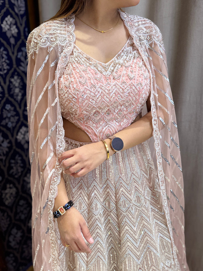Peach color Designer heavy hand embroidered Engagement gown with cape