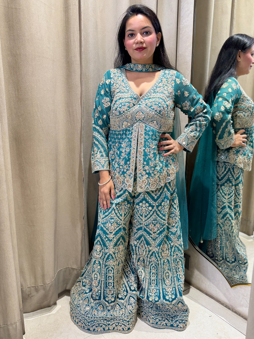 Peacock Blue heavily Embroidered Indo Western Sharara suit