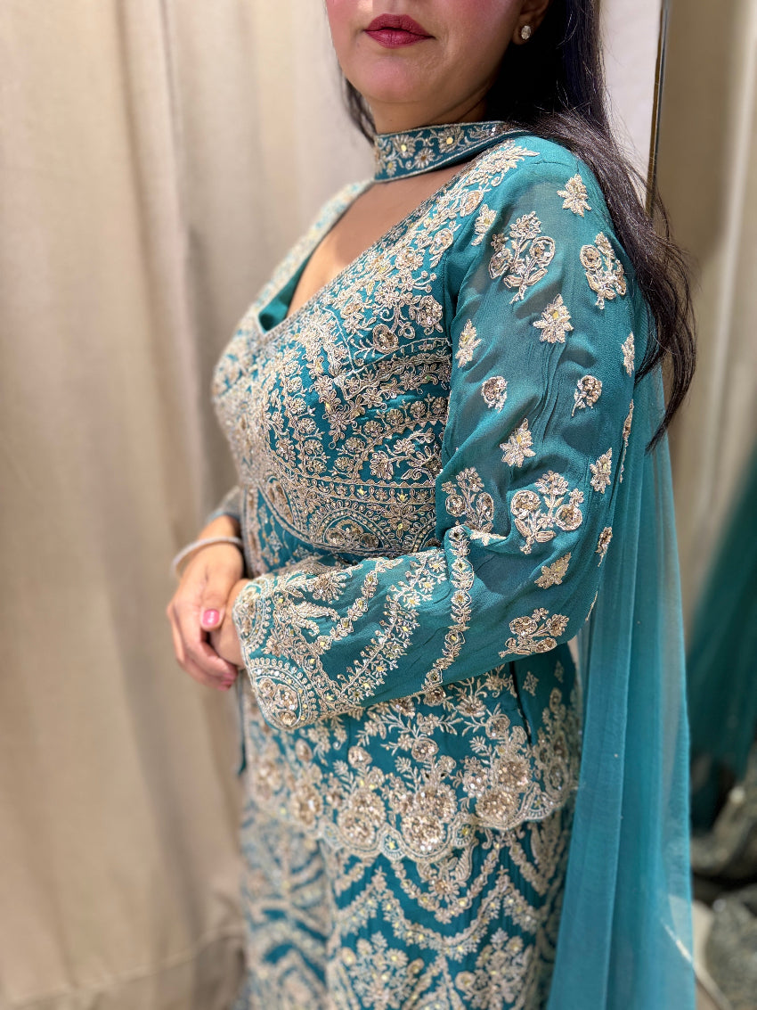 Peacock Blue heavily Embroidered Indo Western Sharara suit
