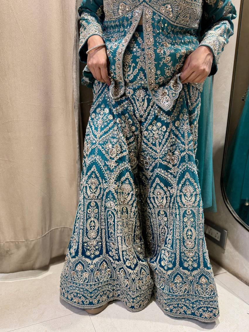 Peacock Blue heavily Embroidered Indo Western Sharara suit