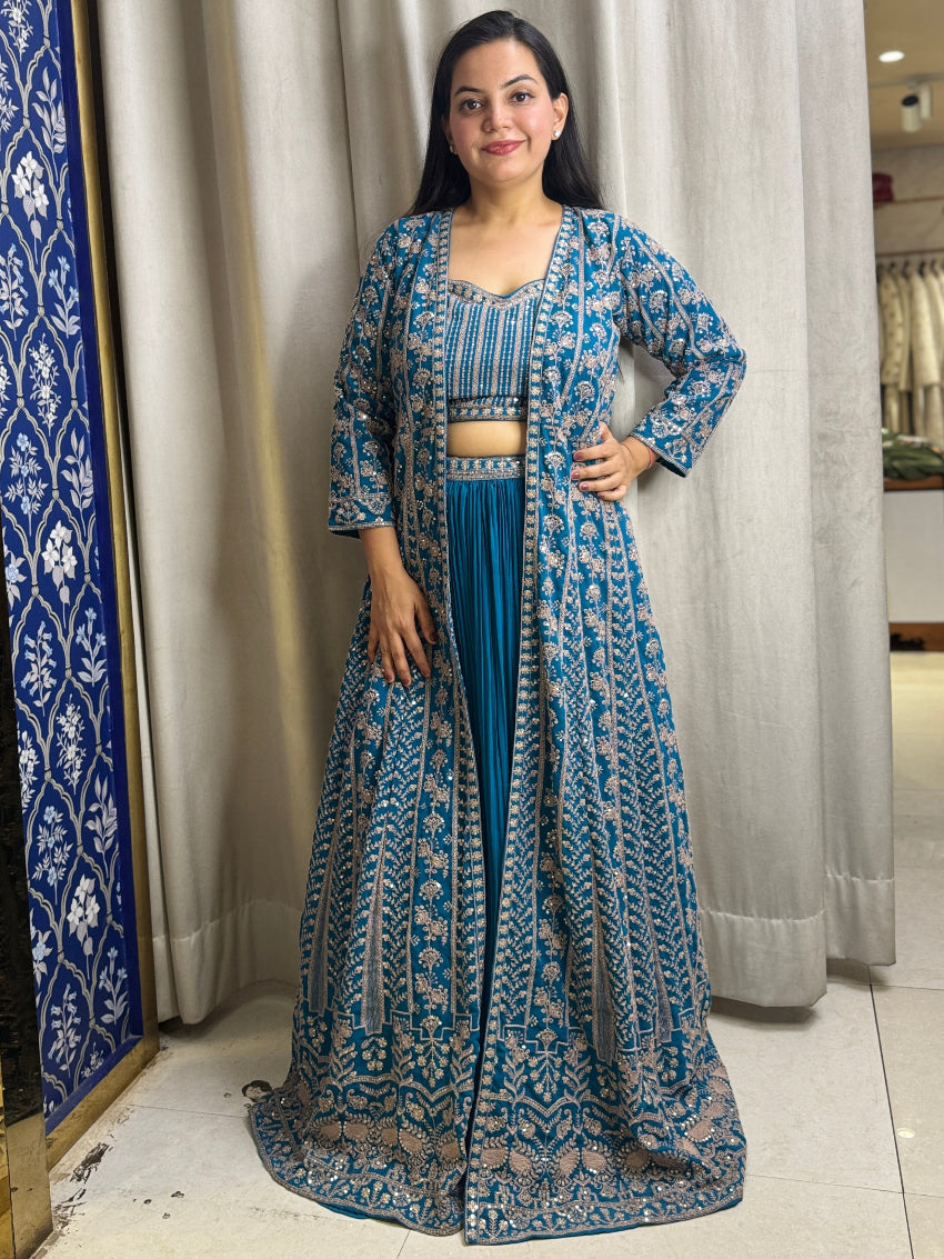Peacock Blue heavy embroidered Indo Western Anarkali four piece set