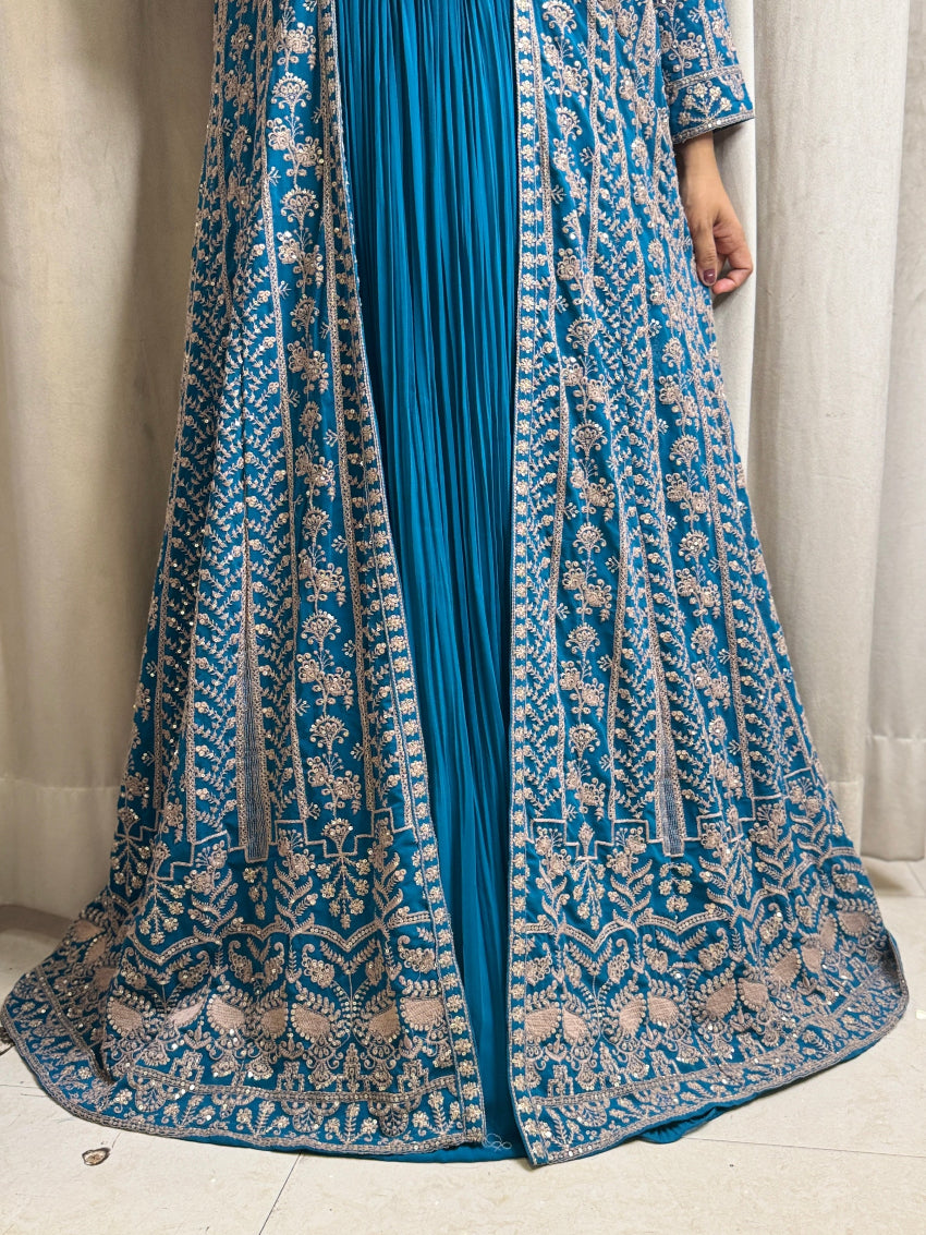 Peacock Blue heavy embroidered Indo Western Anarkali four piece set