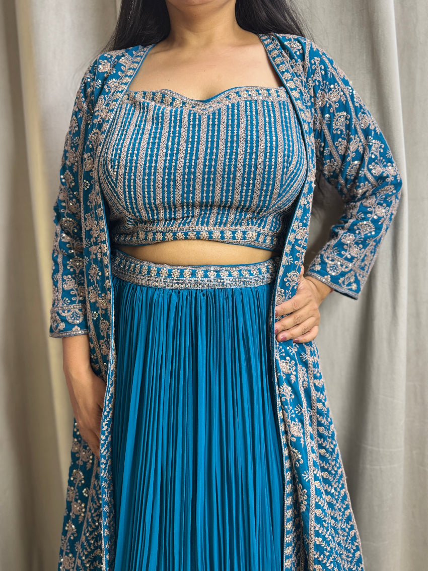 Peacock Blue heavy embroidered Indo Western Anarkali four piece set