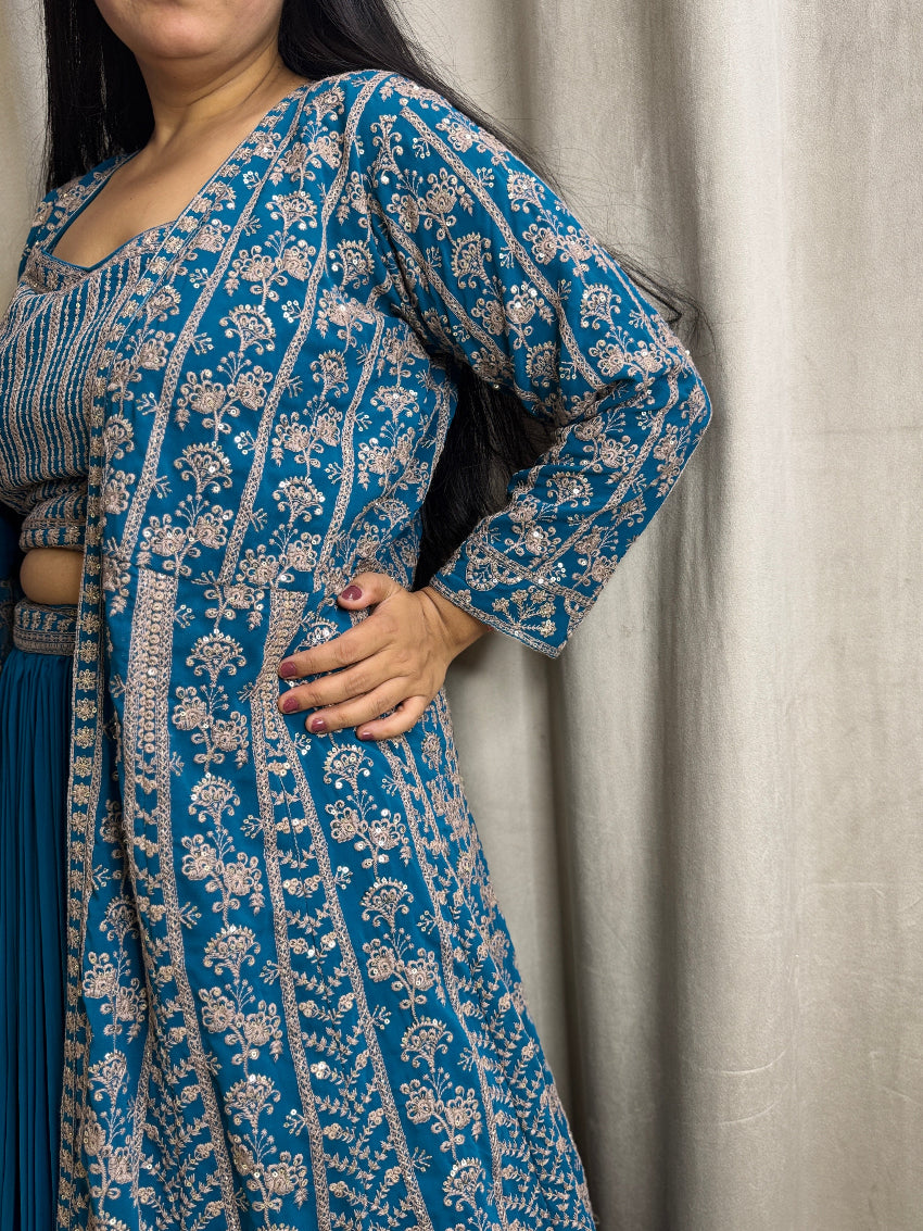 Peacock Blue heavy embroidered Indo Western Anarkali four piece set