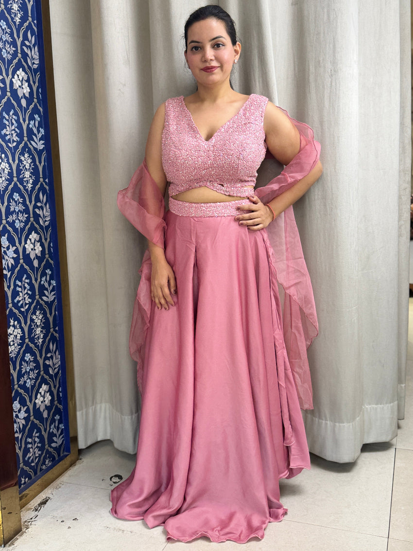 Pink Indo Western with flared palazzo and heavy embroidered blouse