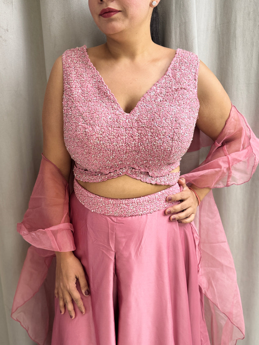 Pink Indo Western with flared palazzo and heavy embroidered blouse