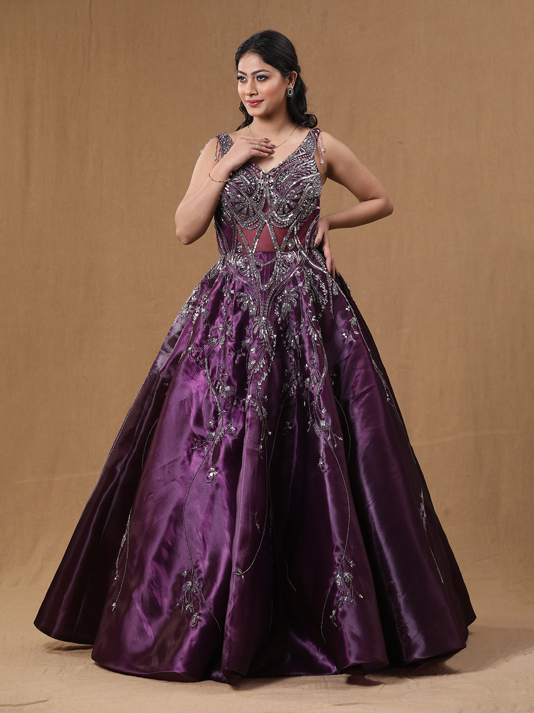 Purple Wine Organja Handwork Ball Gown