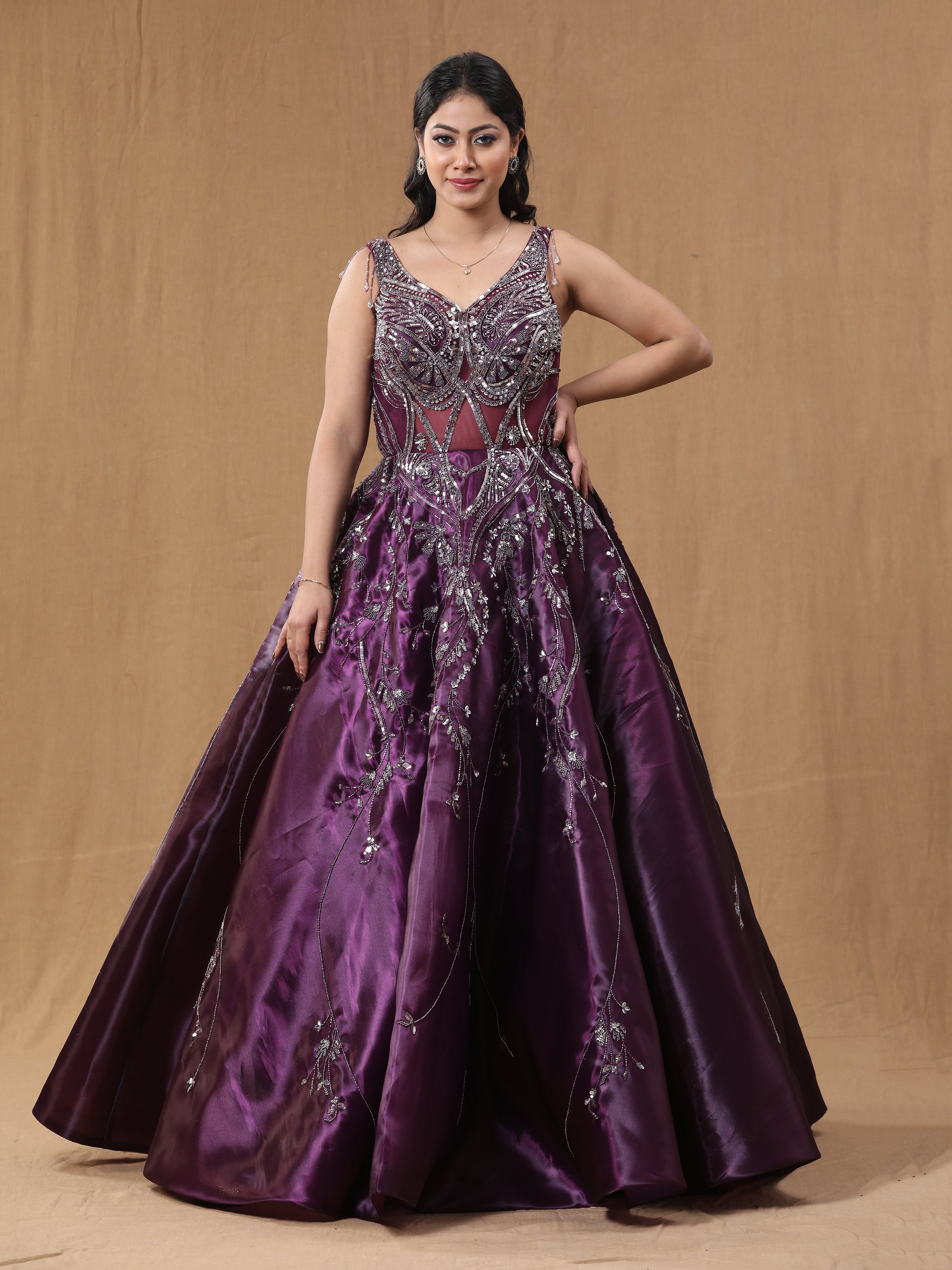 Purple Wine Organja Handwork Ball Gown