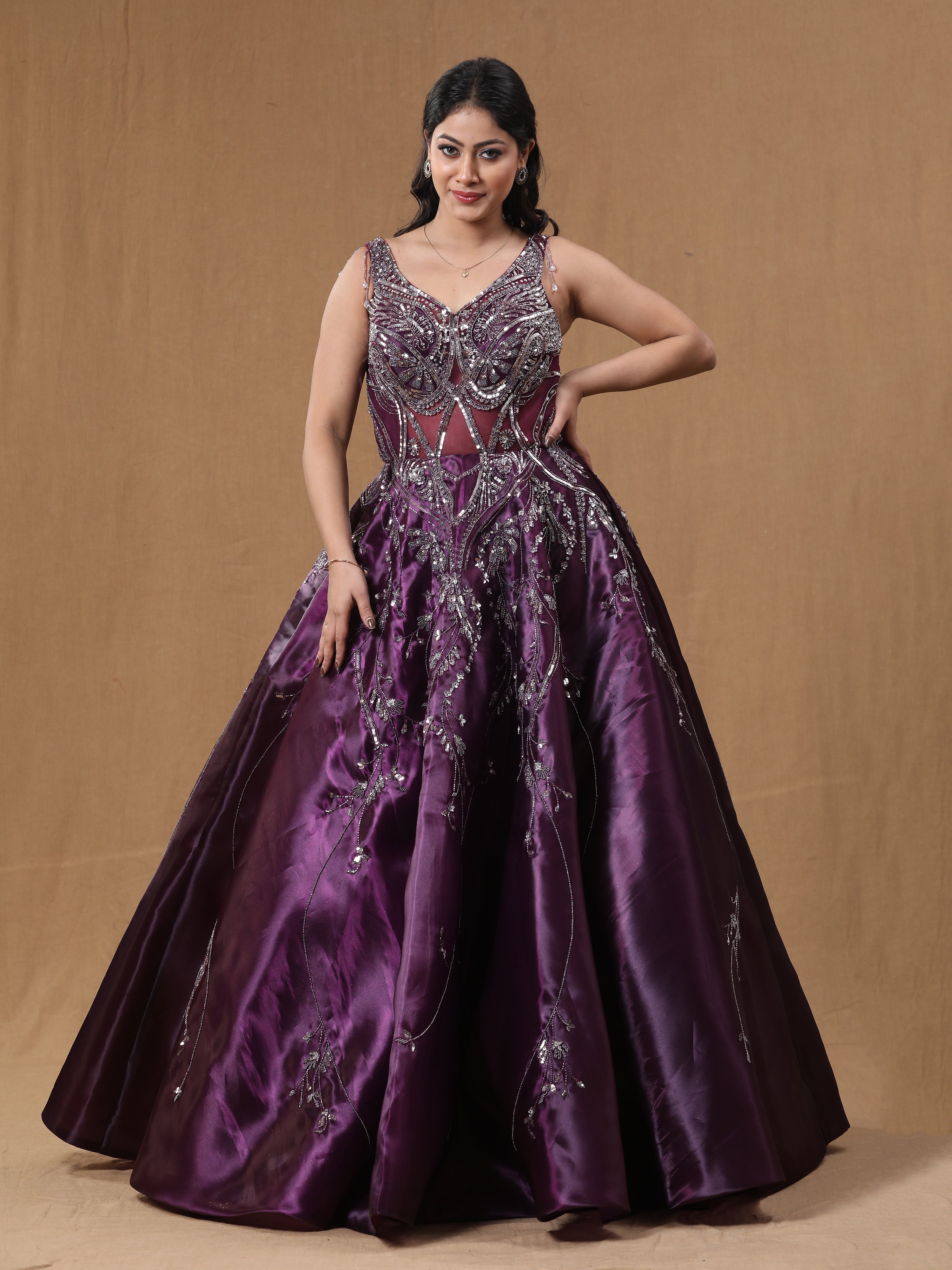 Purple Wine Organja Handwork Ball Gown