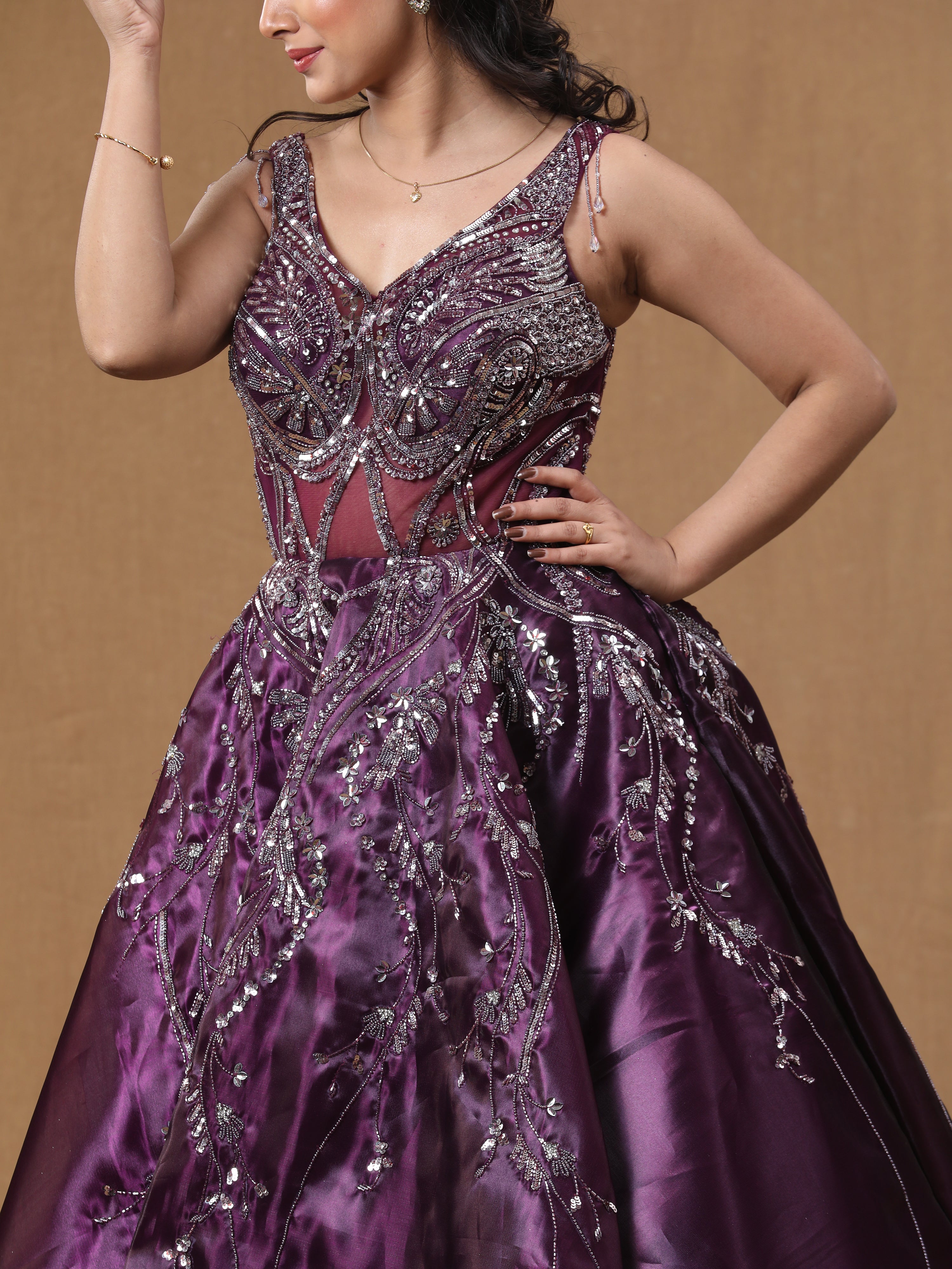 Purple Wine Organja Handwork Ball Gown