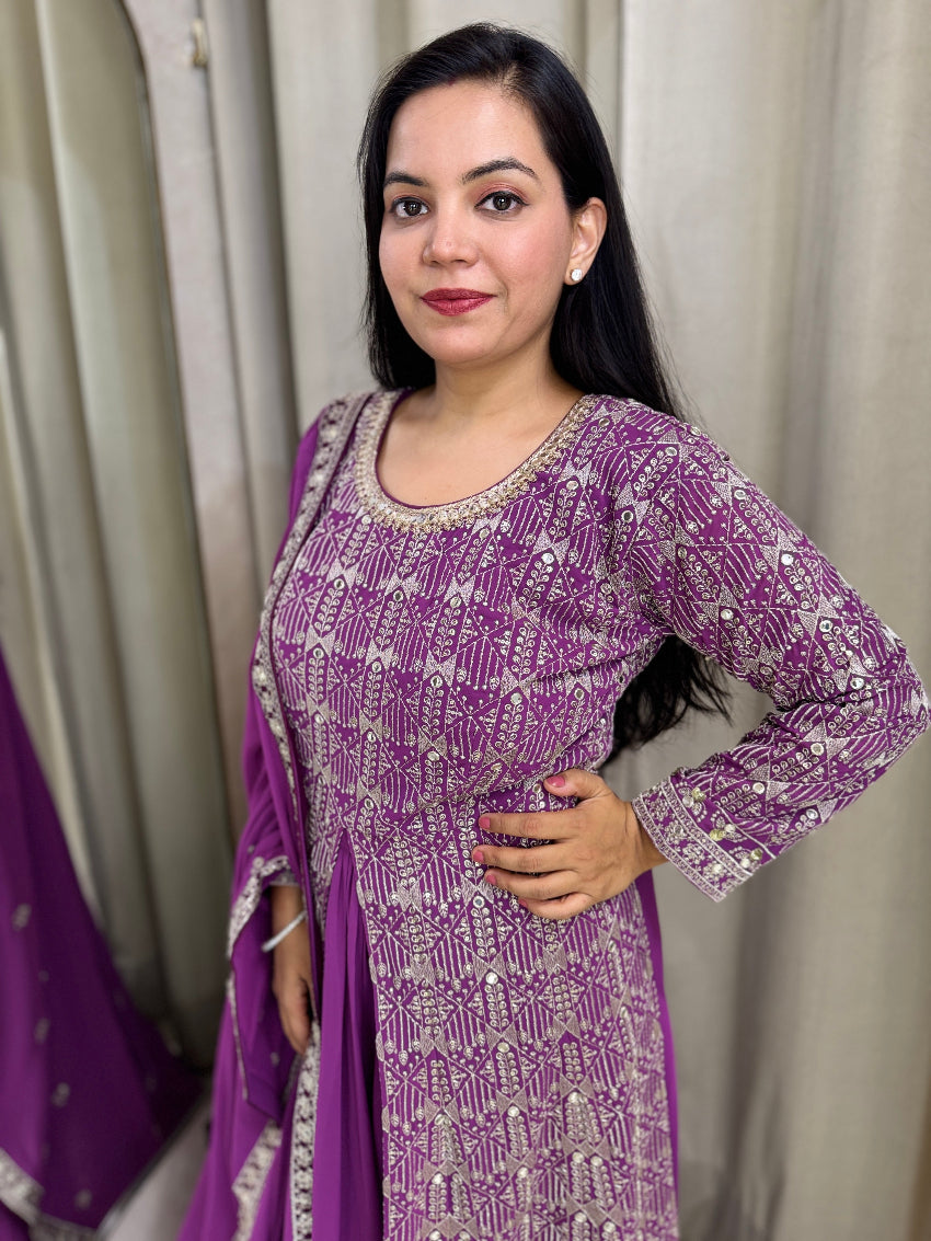 Purple Anarkali with front slit and palazzos in bottom