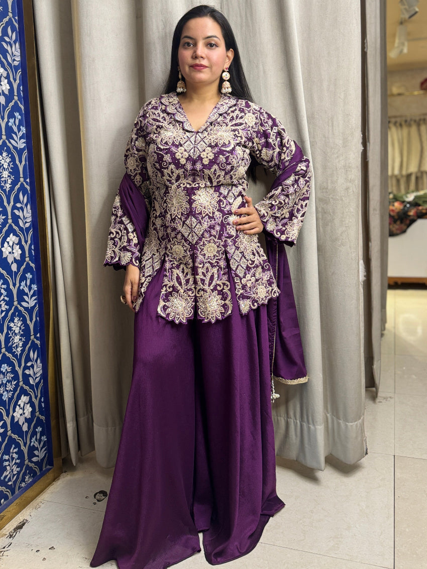 Purple Indo Western with Sharara and heavy embroidered peplum top