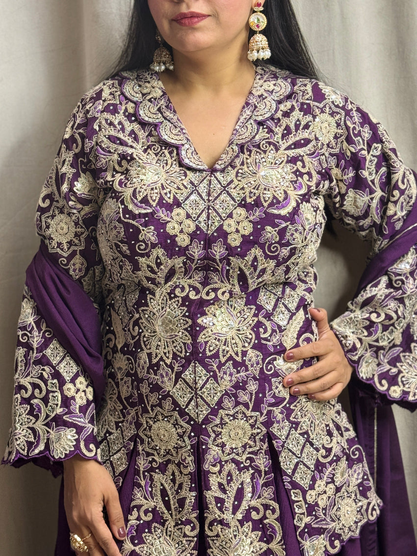 Purple Indo Western with Sharara and heavy embroidered peplum top