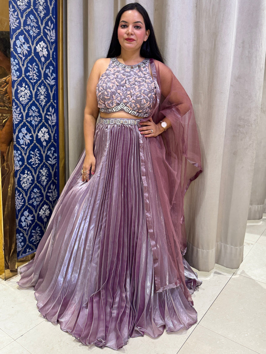 Purple color Heavy embroidered crop top with pleated glass tissue skirt