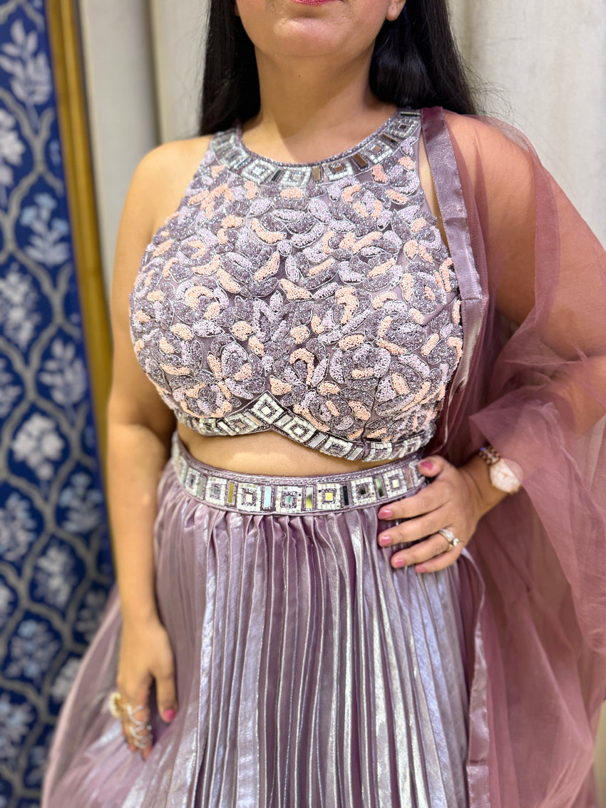 Purple color Heavy embroidered crop top with pleated glass tissue skirt