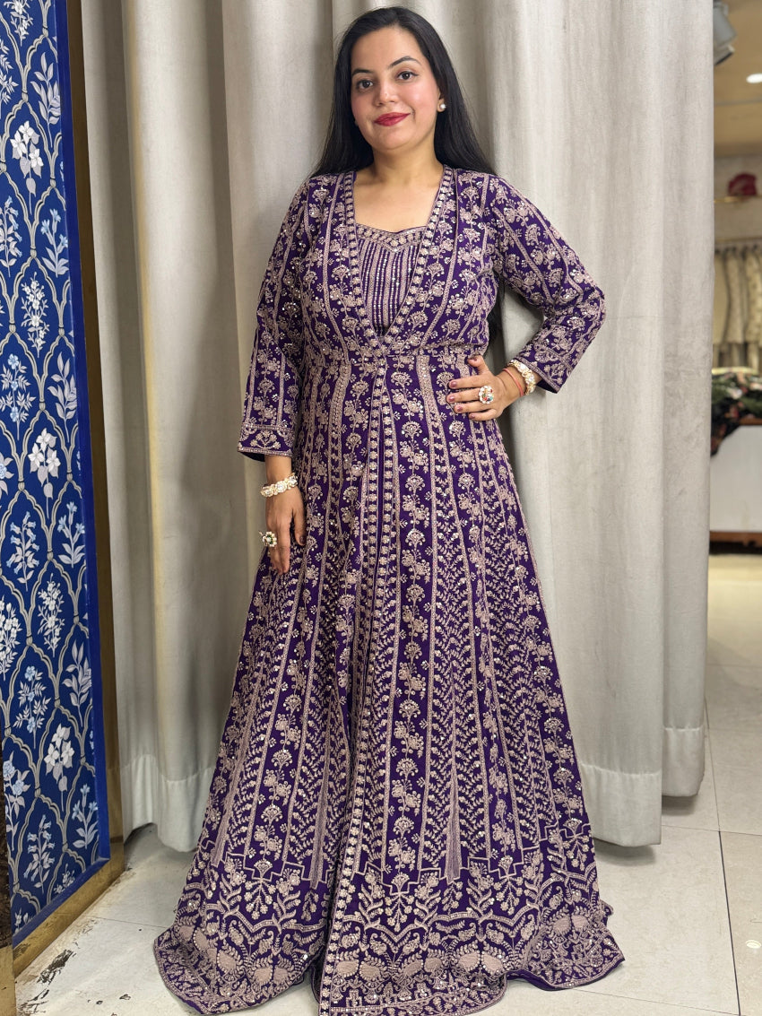 Purple heavy embroidered Indo Western Anarkali four piece set
