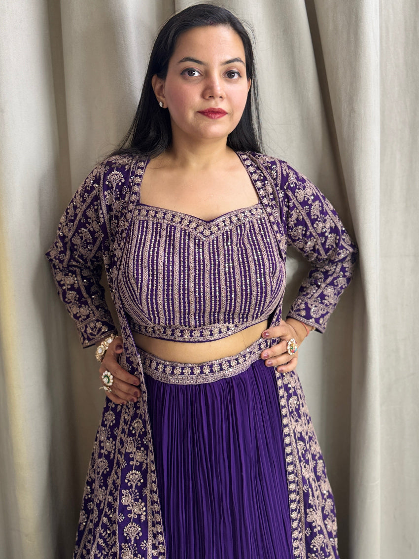 Purple heavy embroidered Indo Western Anarkali four piece set