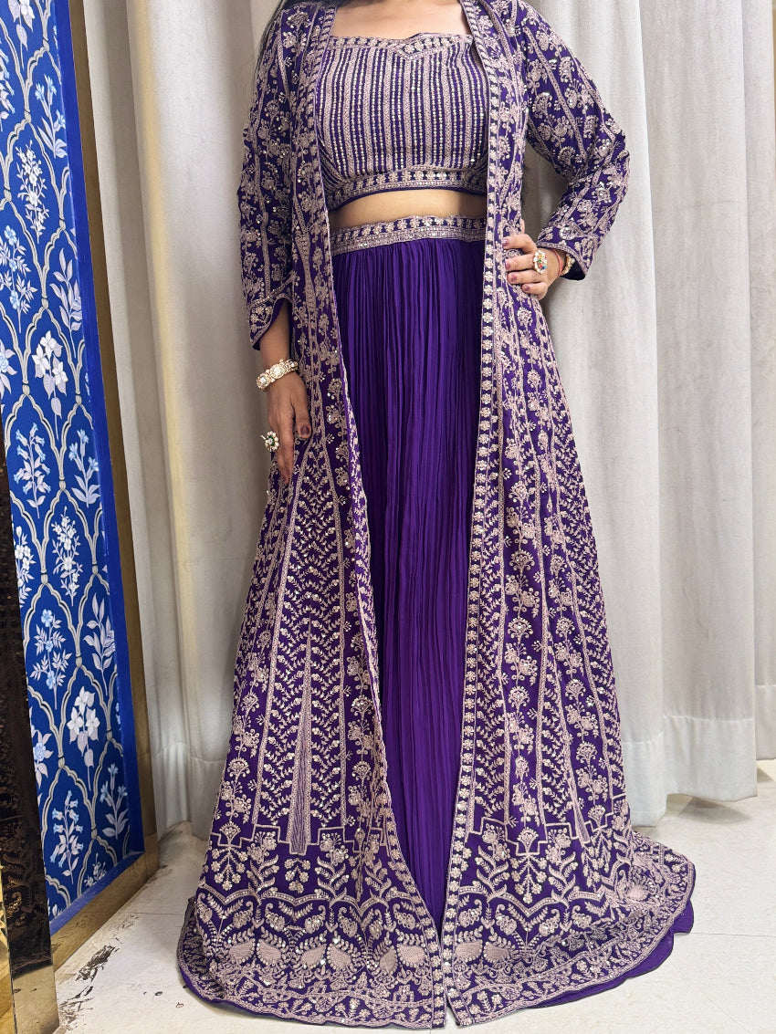 Purple heavy embroidered Indo Western Anarkali four piece set