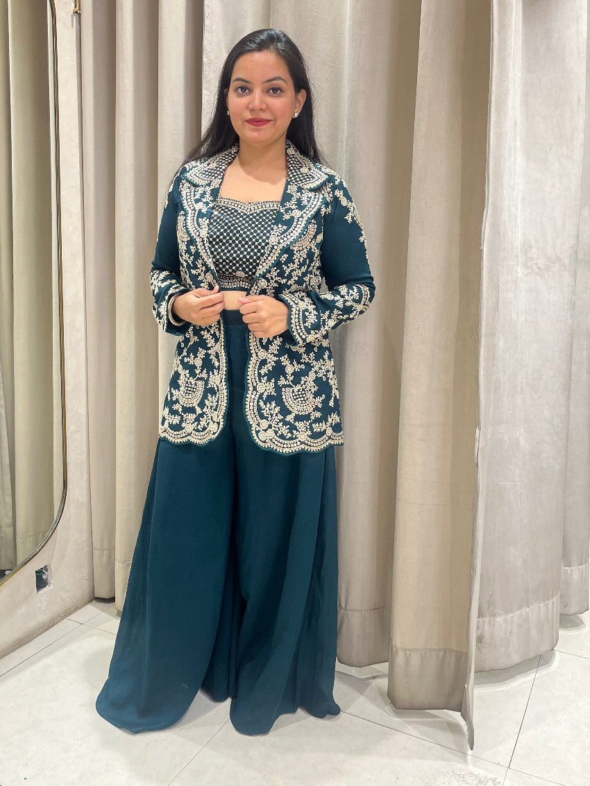 Rama Green Palazzo Crop Top Jacket