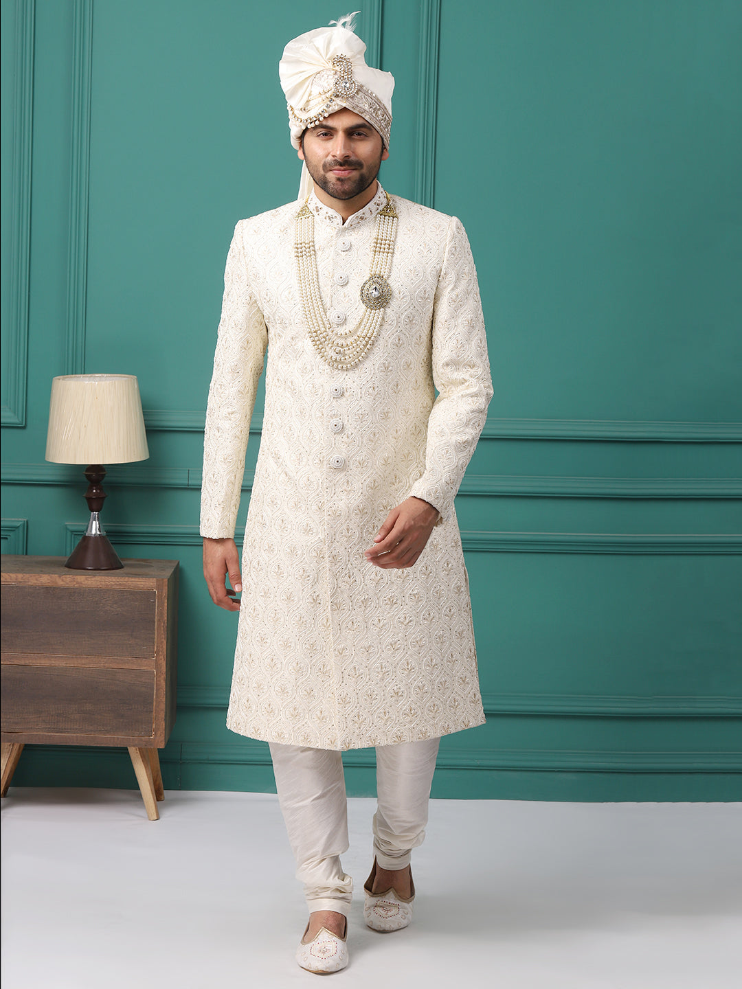 Ravishing Ivory Collar Embellished Groom Sherwani