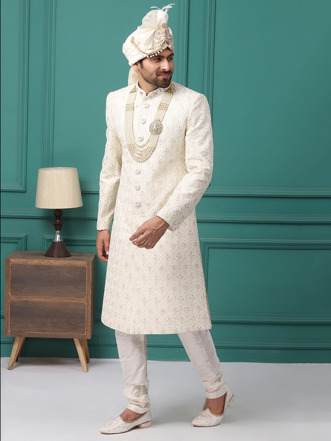 Ravishing Ivory Collar Embellished Groom Sherwani