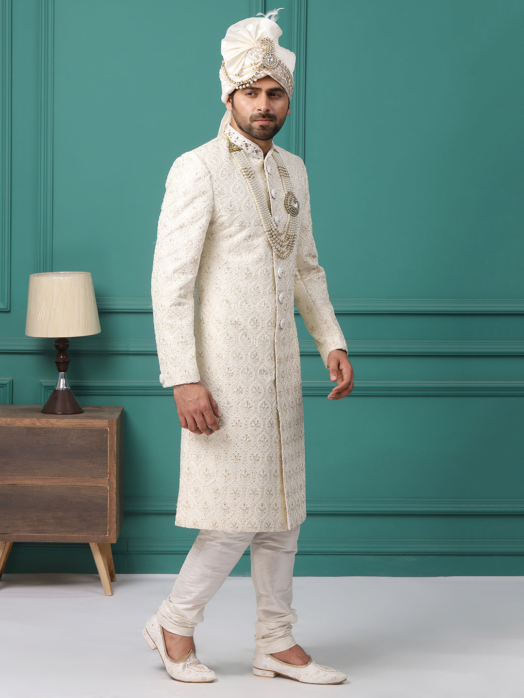 Ravishing Ivory Collar Embellished Groom Sherwani