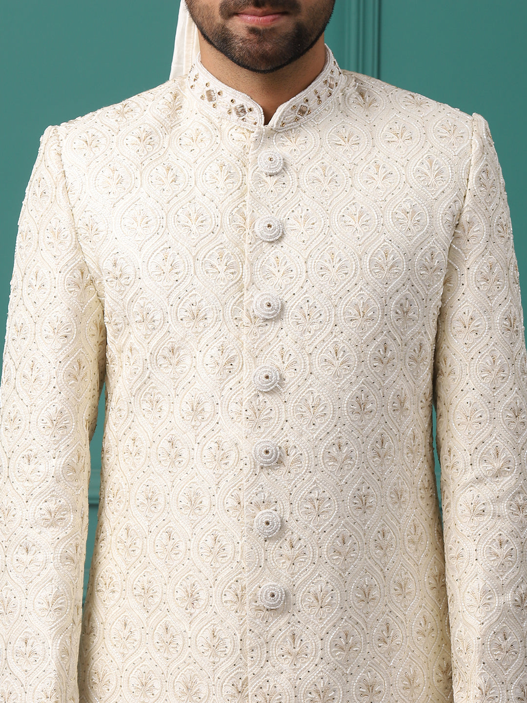 Ravishing Ivory Collar Embellished Groom Sherwani