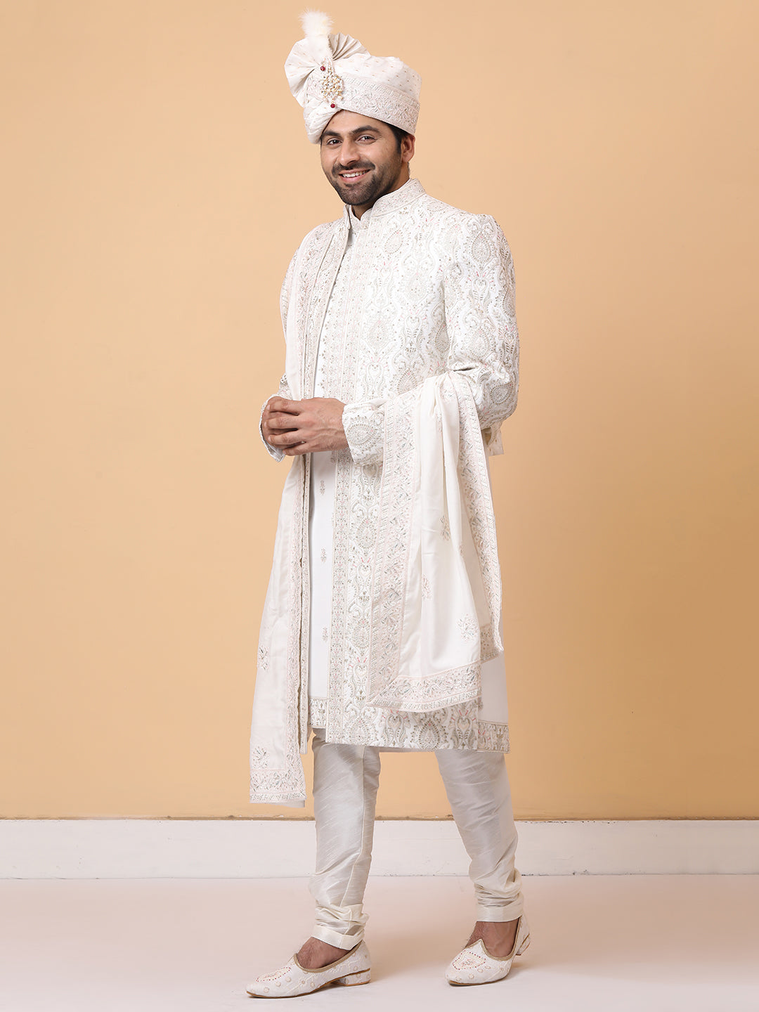 Ravishing Ivory Front Open Embellished Groom Sherwani with Embroideried Kurta