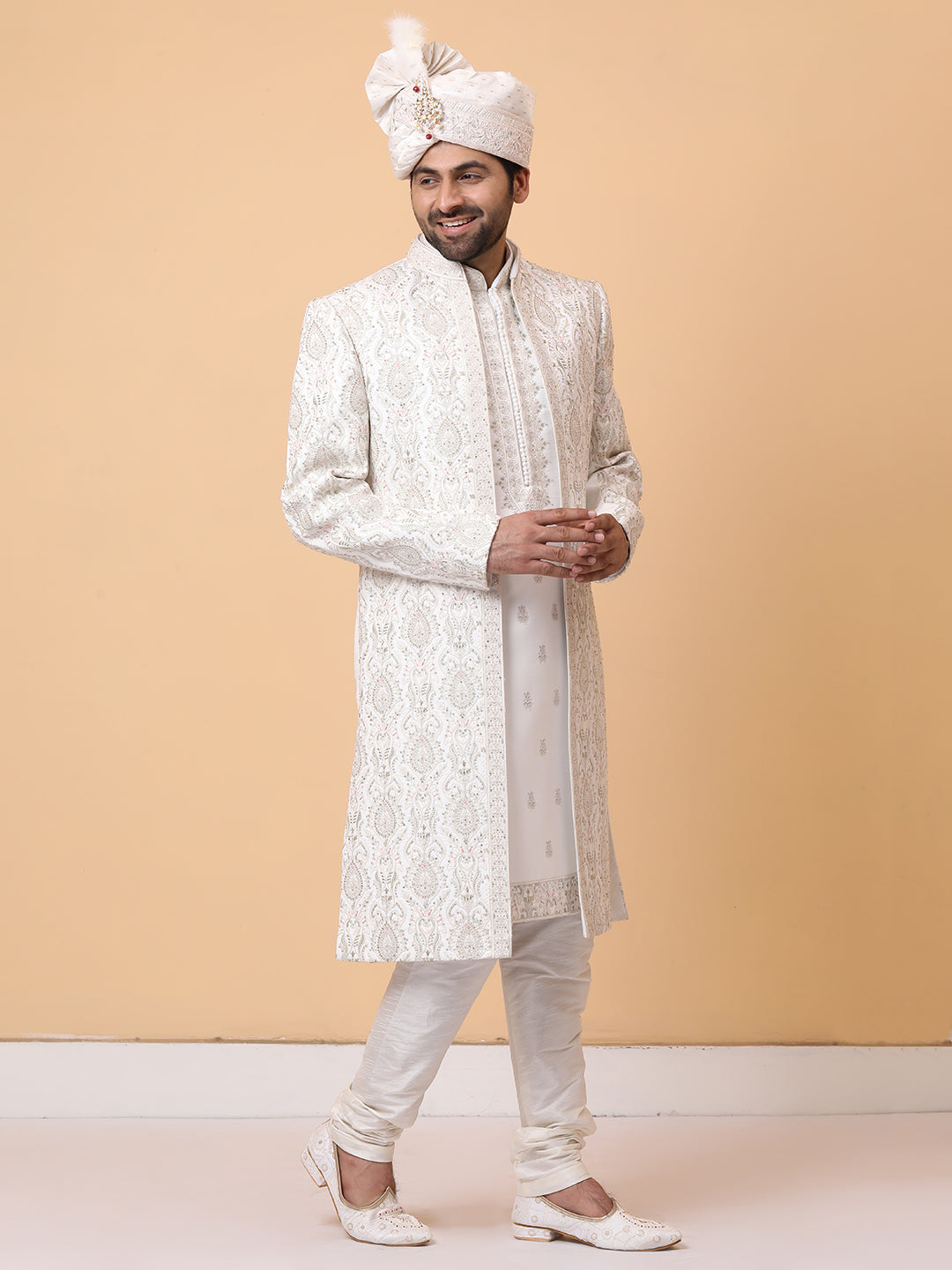 Ravishing Ivory Front Open Embellished Groom Sherwani with Embroideried Kurta