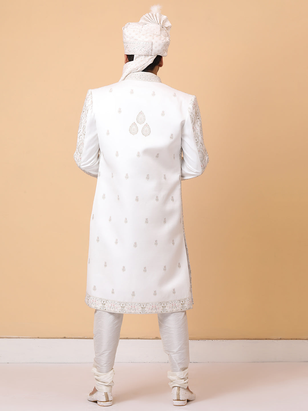 Ravishing Ivory Front Open Embellished Groom Sherwani with Embroideried Kurta
